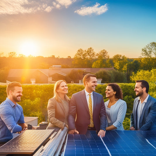 A vibrant solar panel installation on a modern commercial rooftop, surrounded by lush greenery, with a sunny sky above and a diverse group of business owners examining energy bills, smiling and discussing savings.