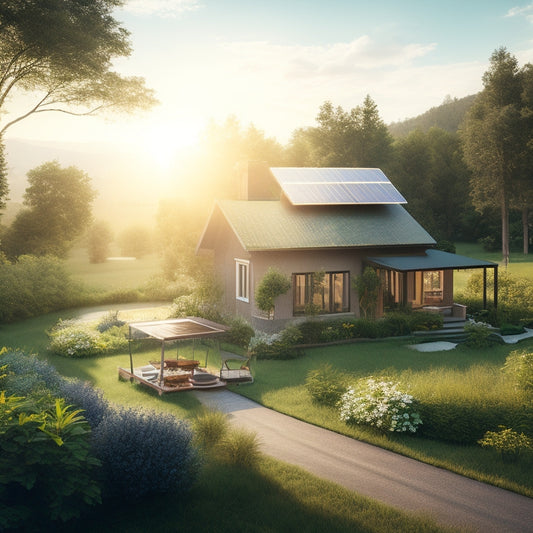 A serene landscape with a small, modest house in the center, surrounded by lush greenery, with a few solar panels installed on the roof, and a subtle sun shining down with warm rays.