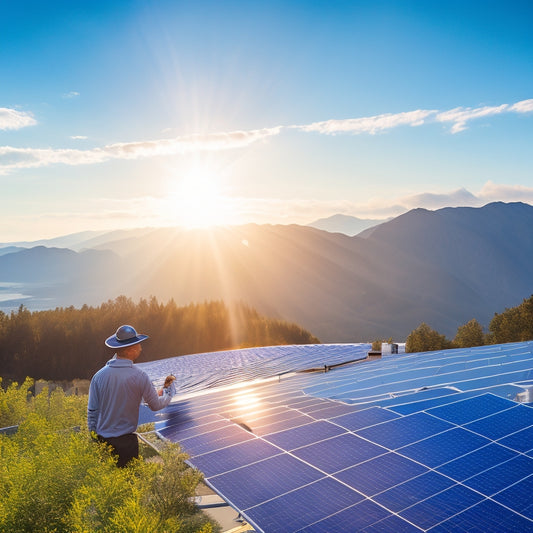 A bright, sunlit rooftop adorned with gleaming solar panels, surrounded by lush greenery. A technician inspecting the panels, tools at hand, with a vibrant blue sky overhead and distant mountains in the background.