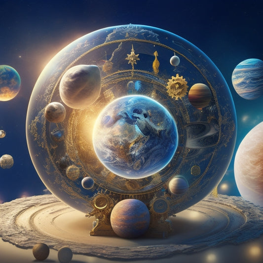 A stylized, futuristic illustration of the solar system, with planets and celestial bodies replaced by gears, cogs, and mechanical components, interconnected and in motion, surrounded by orbiting coins and sparks.