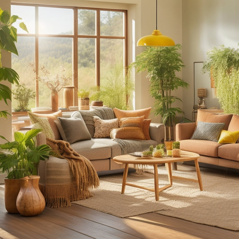 A sunlit living room with large windows, indoor plants, bamboo furniture, and recycled decor. A family gathers around a sustainable wooden table, showcasing eco-friendly materials and soft, natural colors that evoke warmth and harmony.