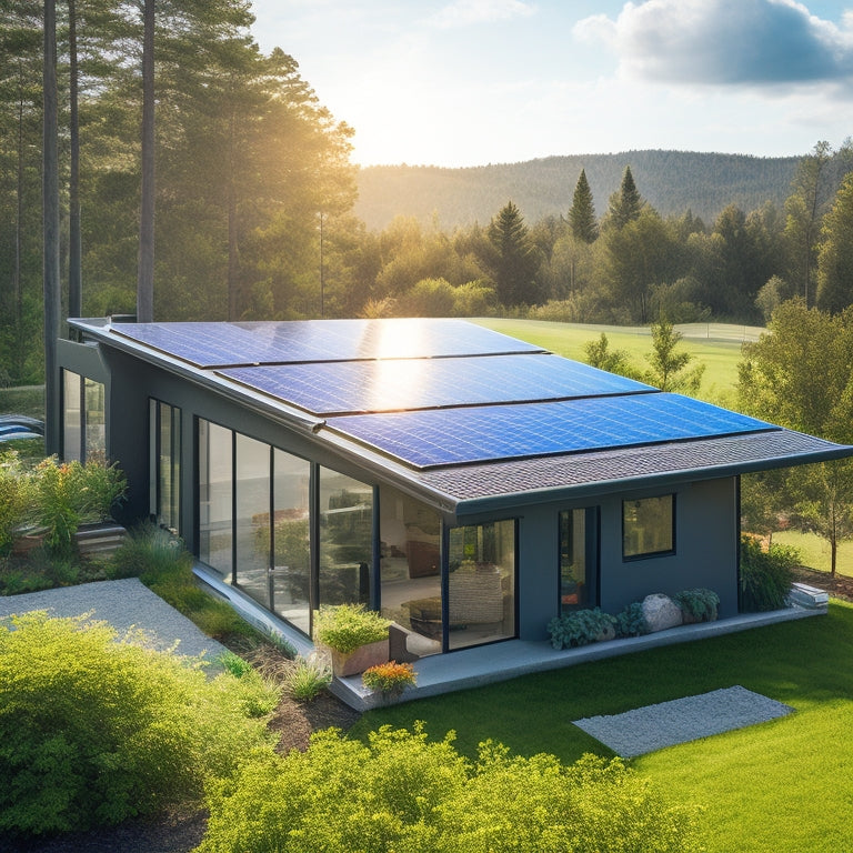 A modern eco-conscious home with solar panels on the roof, surrounded by lush greenery, featuring large windows, a green roof, and a rainwater collection system, all under a bright blue sky.