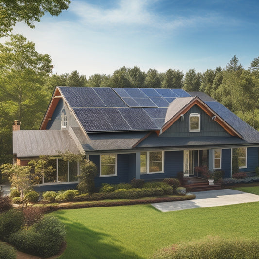 A serene suburban home with a mix of blue and brown roof tiles, surrounded by lush green trees, with a prominent solar panel installation on the roof, angled towards the sun.