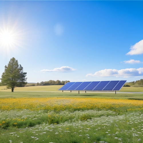 A serene landscape with a modern, sleek solar panel array on a grassy hill, surrounded by blooming wildflowers and a few trees, under a bright blue sky with a few puffy white clouds.