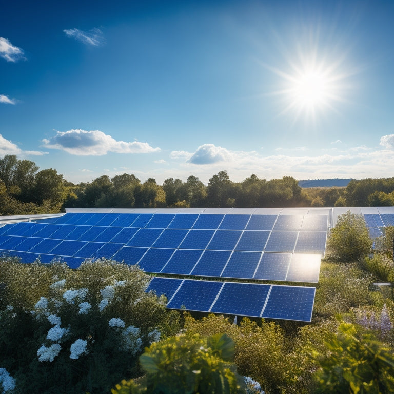 A serene landscape with a row of sleek, dark-blue solar panels installed on a modern rooftop, surrounded by blooming greenery, under a bright blue sky with a few wispy clouds.