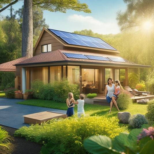 A vibrant eco-friendly home with solar panels on a sloped roof, surrounded by lush greenery. Sunlight glimmers on the panels, while a family enjoys a garden in the foreground, showcasing harmony with nature.