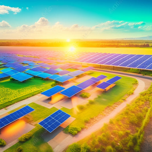 A futuristic solar farm with advanced solar panels integrated into urban buildings, drones delivering solar components, vibrant green landscapes, and holographic displays showing energy efficiency metrics, all under a bright, clear sky.