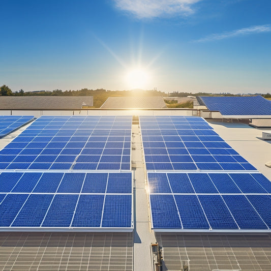 An illustration of a rooftop with multiple solar panels installed at a 30-degree angle, with a few panels slightly tilted to accommodate roof vents and chimneys, amidst a clear blue sky.