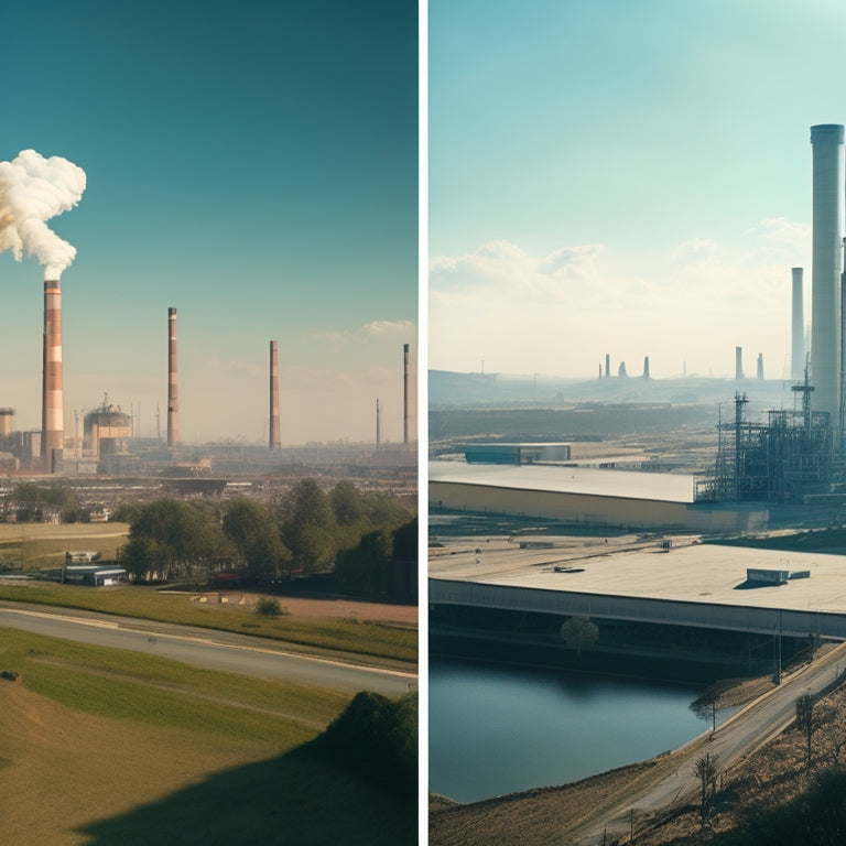 A split-screen image: a polluted cityscape with smokestacks and factories on one side, and a serene landscape with solar panels and wind turbines on the other, under a bright blue sky.