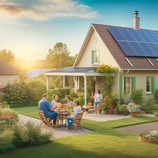 A cozy, sunlit home with solar panels on the roof, a lush vegetable garden, energy-efficient appliances, and a family enjoying outdoor activities. Wind turbines in the background and vibrant greenery all around.