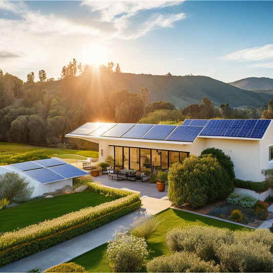 A serene California landscape with a modern home, solar panels installed on its rooftop, surrounded by lush greenery and a bright blue sky with a few white, puffy clouds.