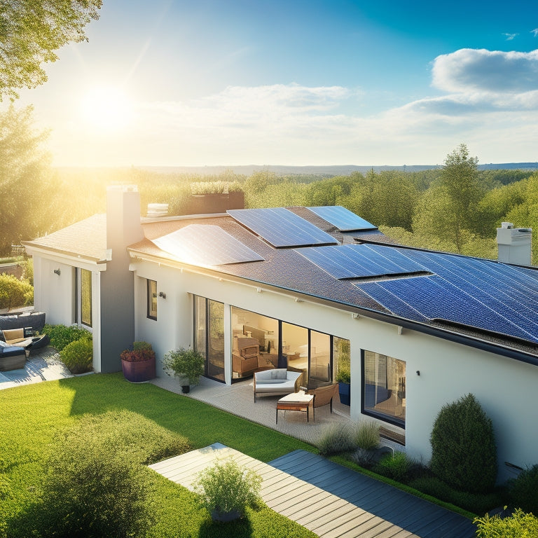 A sunlit rooftop adorned with sleek, modern solar panels gleaming under a clear blue sky, with a cozy house and vibrant green garden in the background. Online shopping icons subtly blend into the scene.