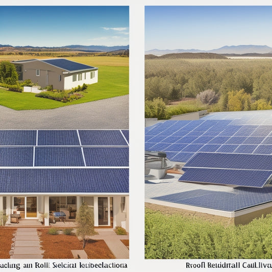 An illustration depicting a split-screen comparison of various solar panel installations: rooftop residential, ground-mounted commercial, tracking systems, and building-integrated photovoltaics, showcasing different angles, shapes, and environments.