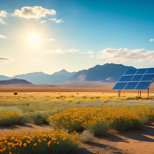 A rugged solar panel array set against a vast desert landscape, with a small off-grid cabin nearby. Bright sun overhead, wildflowers in the foreground, and distant mountains under a clear blue sky.