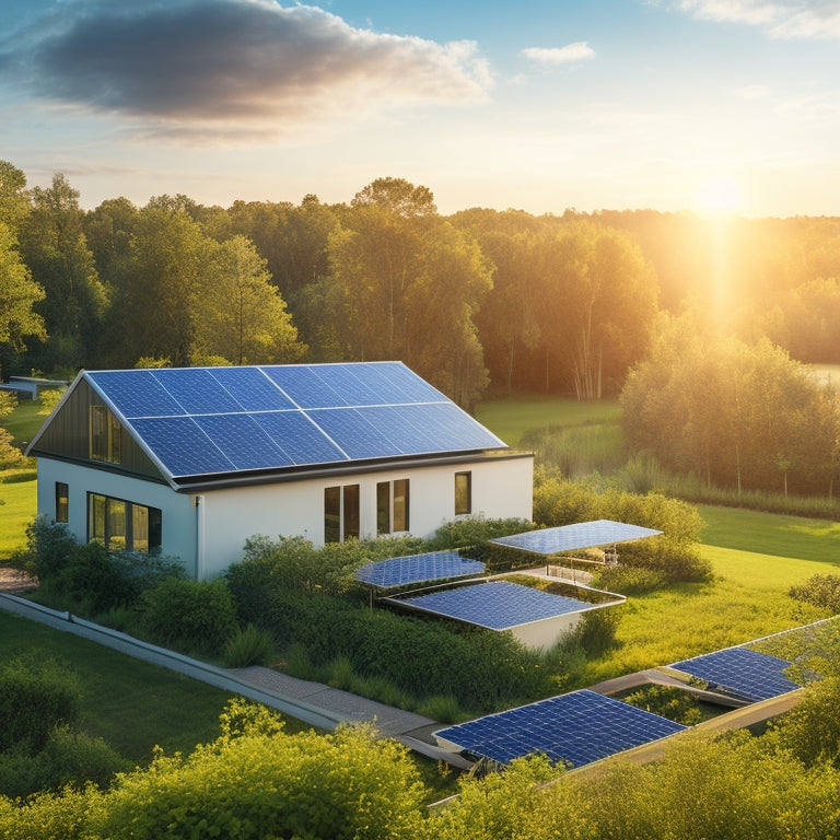 A serene landscape featuring solar panels on rooftops, surrounded by lush greenery, with a modern battery storage unit integrated into the environment, under a bright blue sky, symbolizing sustainability and eco-friendliness.