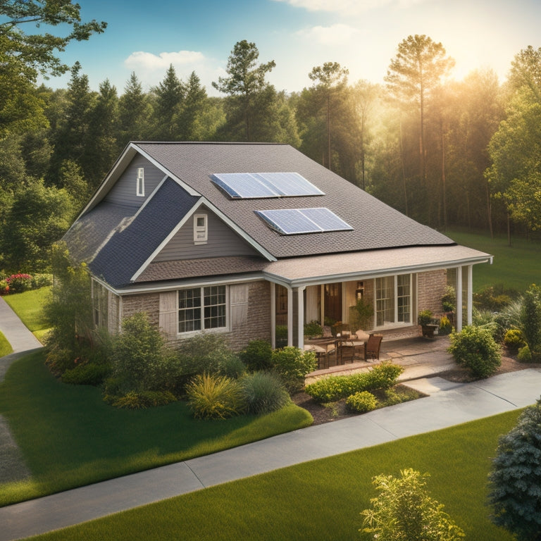 A serene suburban home with a mix of sunny and shaded areas, featuring a roof with missing shingles and outdated vents, surrounded by lush greenery and a few solar panels in the distance.