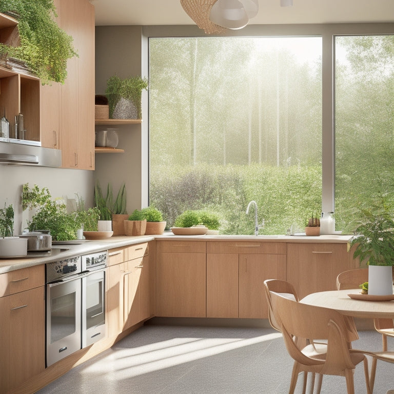 A modern kitchen featuring energy-efficient appliances, solar panels, bamboo cabinetry, and a green garden window. Soft natural light filters through, highlighting eco-friendly materials and a serene, sustainable atmosphere.