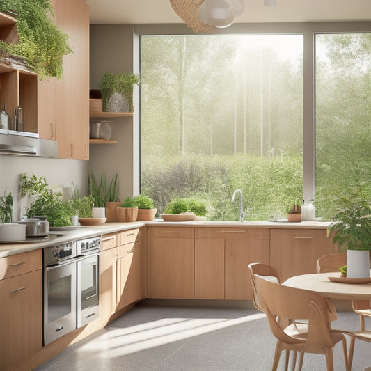 A modern kitchen featuring energy-efficient appliances, solar panels, bamboo cabinetry, and a green garden window. Soft natural light filters through, highlighting eco-friendly materials and a serene, sustainable atmosphere.