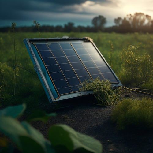 A broken solar panel with cracked glass and rusty frames, surrounded by weeds and debris, set against a backdrop of polluted air and dark clouds.