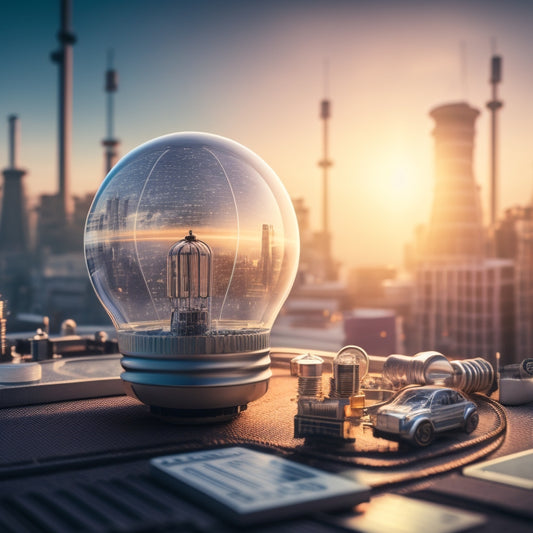 A futuristic illustration of a lightbulb surrounded by solar panels, gears, and circuit boards, with a miniature cityscape or factory in the background, symbolizing innovation and sustainable energy.