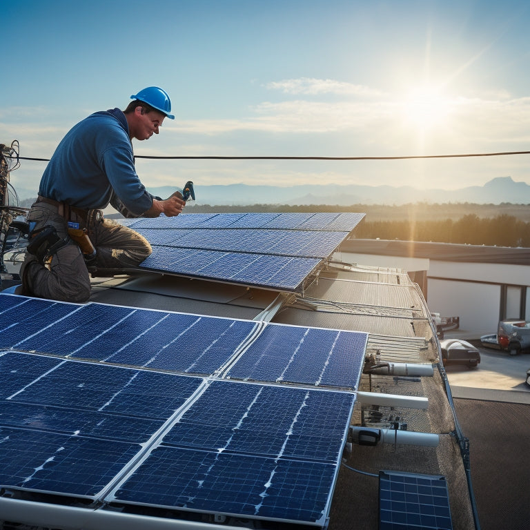 A photograph of a residential rooftop with solar panels being installed, showing a worker in a harness measuring the roof, another tightening bolts, and a third connecting electrical wires to an inverter.