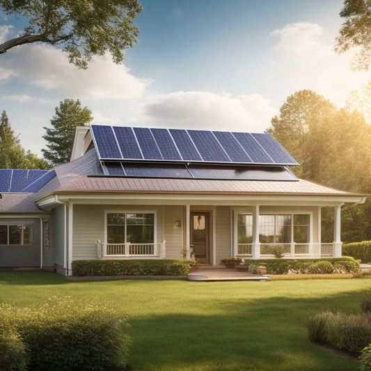 A serene suburban home with solar panels installed on its roof, surrounded by lush greenery, with a subtle sun shining down, and a faint grid of electrical lines and meters in the background.