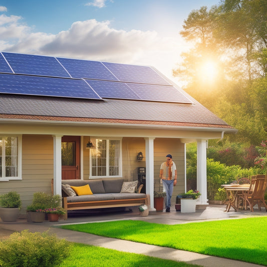 A sunny suburban home with solar panels installed on the roof, a worker in the background connecting wires, and a small table in the foreground with a calculator and a blueprint.