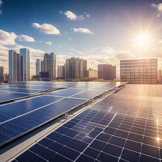 A sunny background with a large, modern commercial building in the foreground, adorned with shiny solar panels on the rooftop, and a subtle hint of money or coins scattered around the base.