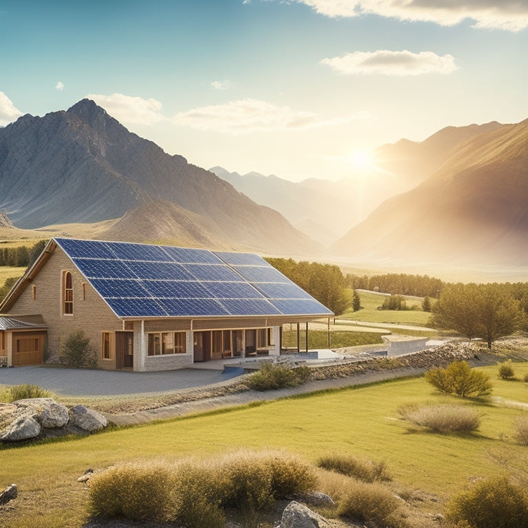A serene remote landscape featuring solar panels on a rugged terrain, surrounded by mountains and lush greenery, with a clear blue sky and a shining sun illuminating the energy-efficient homes in the distance.