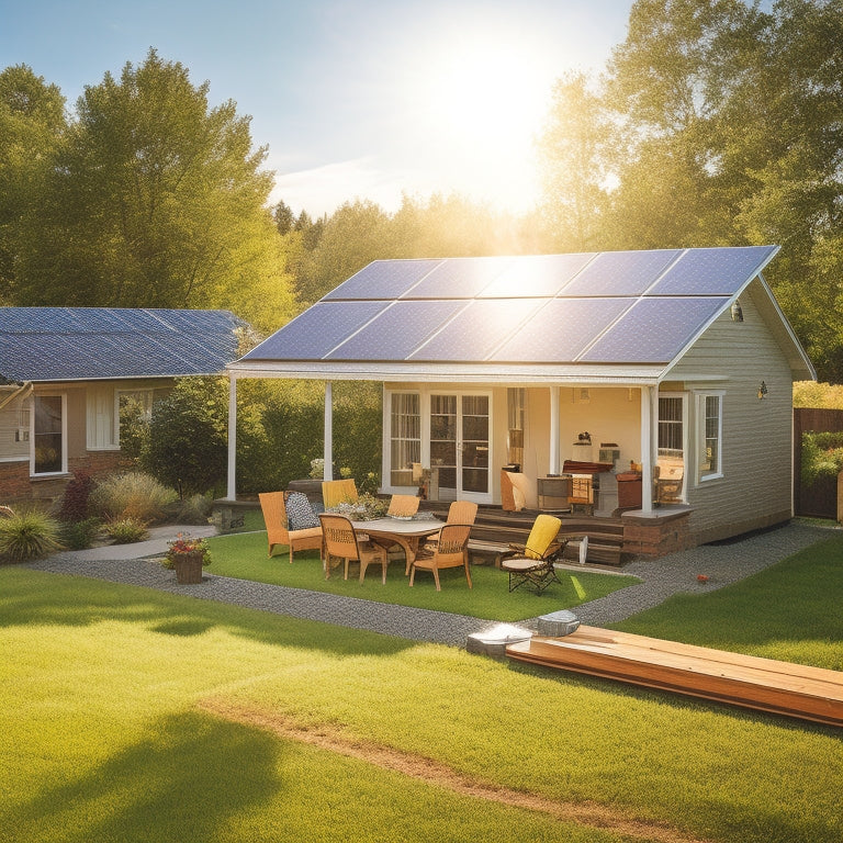 A serene backyard scene with a house under a bright sun. A family discusses plans around blueprints on a table, while solar panels are neatly stacked nearby, and a toolbox sits on the grass.