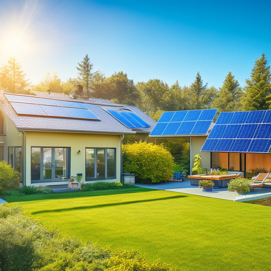 A sunny backyard with a residential solar panel array on the roof, with 12 panels in 3 rows, surrounded by lush greenery and a few fluffy white clouds in a bright blue sky.