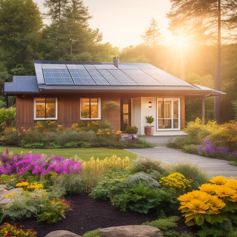 A serene eco-friendly home surrounded by lush greenery, featuring sleek solar panels on the roof, bright sunlight illuminating the scene, and vibrant flowers in the garden, symbolizing sustainability and harmony with nature.