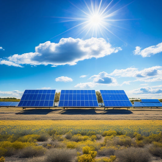A serene landscape with three distinct solar panels, each with a different design and installation style, set against a bright blue sky with a few puffy white clouds.