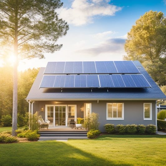 A serene suburban home with a sleek, modern rooftop solar panel array, surrounded by lush greenery, under a bright blue sky with a few wispy clouds, and a subtle sunbeam highlighting the panels.