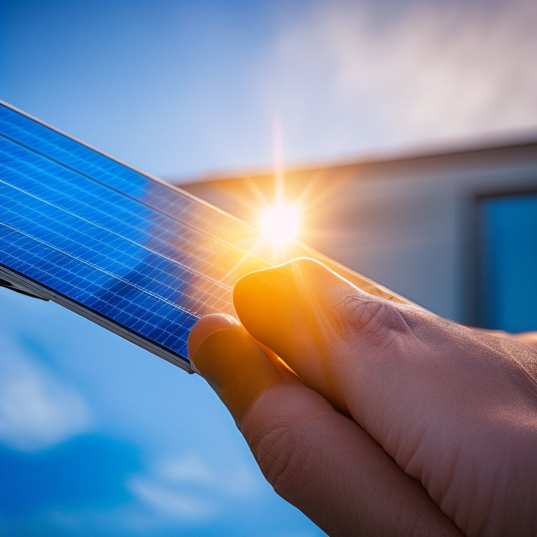 A close-up of a gloved hand holding a solar sheeting panel, with a subtle reflection of a sunny sky, against a blurred background of a rooftop with existing solar panels installed.