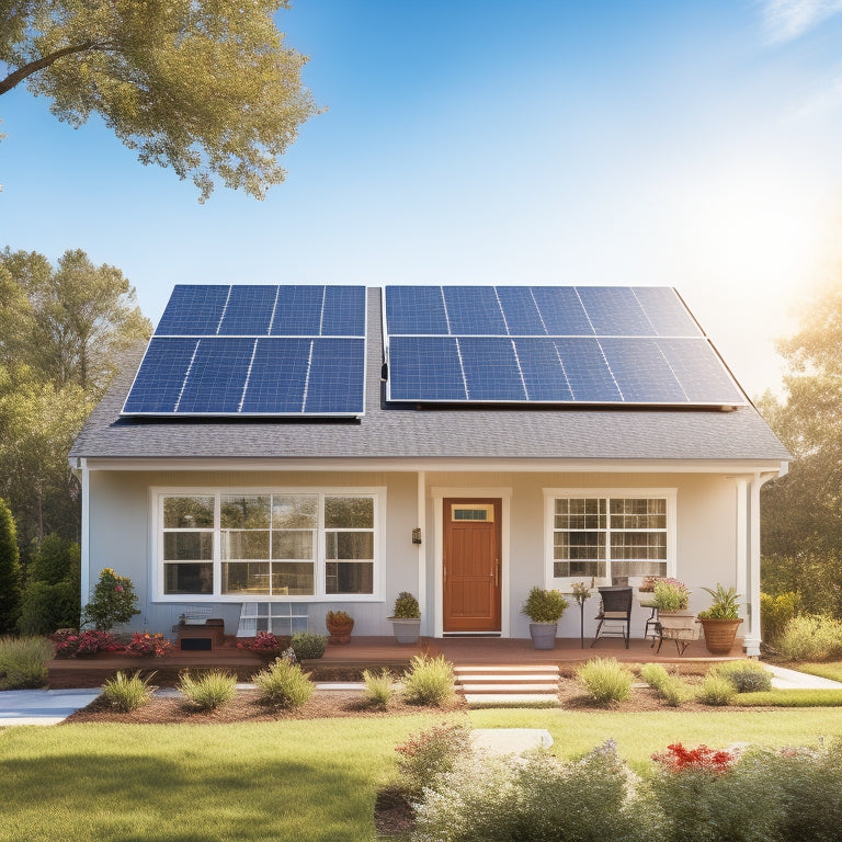 A serene suburban home with a slight angle, showcasing a partially installed solar panel array on the roof, with a ladder and toolbox nearby, surrounded by lush greenery and a clear blue sky.