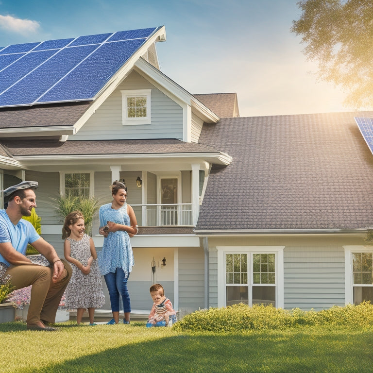 A sunny suburban neighborhood with rooftops covered in sleek, modern solar panels; a smiling family in their yard; a contractor holding a solar panel, and a close-up of solar panels catching bright rays.