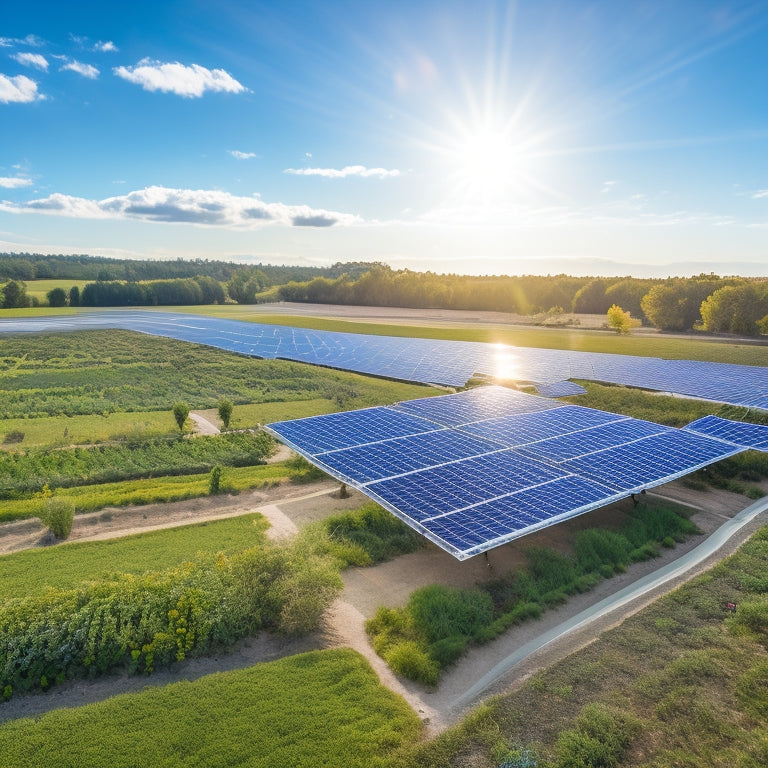A vibrant solar farm with gleaming panels under a clear blue sky, surrounded by lush greenery, showcasing eco-friendly businesses like a wind turbine, electric vehicle charging stations, and a thriving community garden.