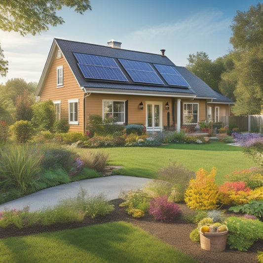 A cozy suburban home with solar panels, a wind turbine in the backyard, and a vibrant vegetable garden, surrounded by lush greenery, showcasing sustainable living and energy independence in a sunny landscape.