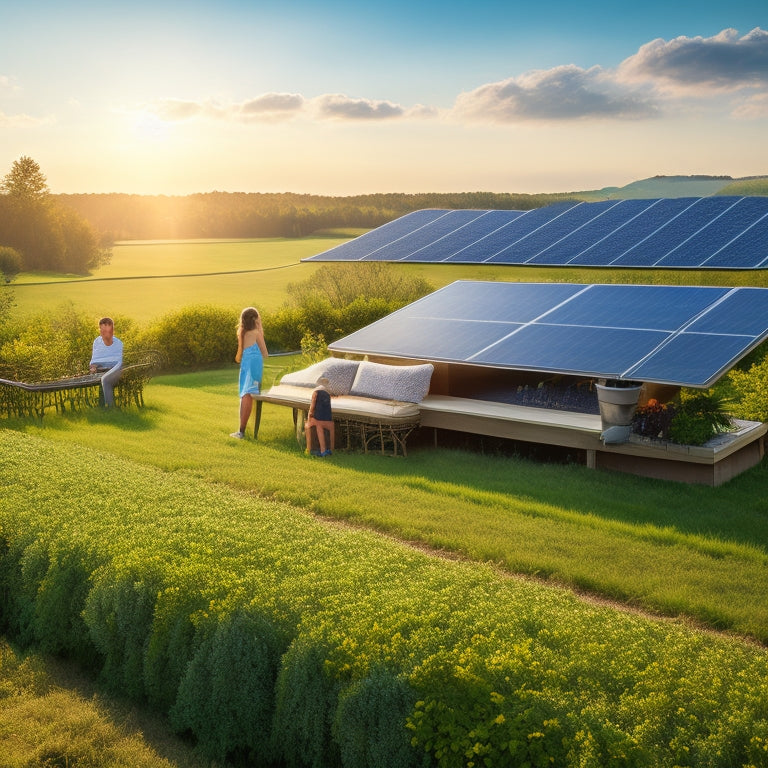 A vibrant solar panel array on a sunny rooftop, overlooking a green landscape with trees and fields. In the foreground, a family plants a small garden, symbolizing sustainable living and a low carbon footprint.