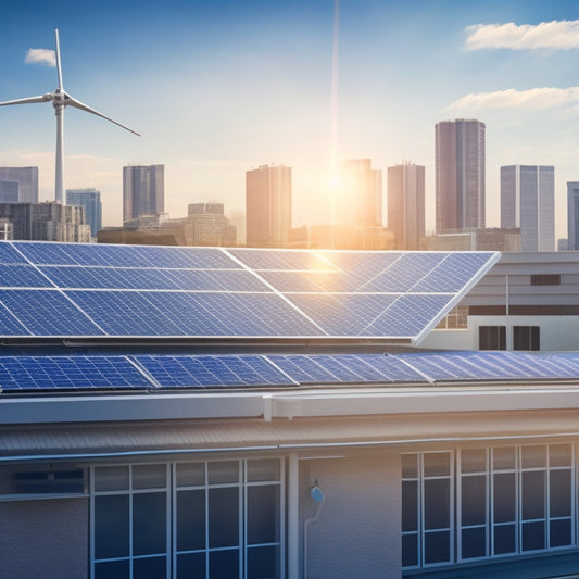 An illustration of a commercial building with solar panels on the rooftop, surrounded by subtle dollar signs and lightbulbs, with a subtle grid of lines and graphs in the background, symbolizing finance and energy.