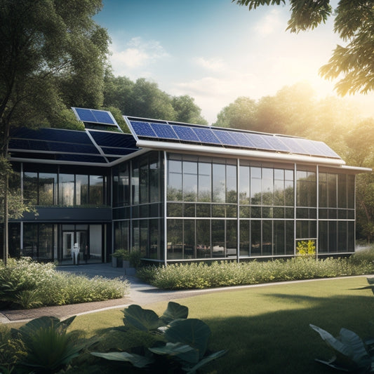 A modern office building with sleek solar panels on the roof, surrounded by lush greenery, showcasing vibrant sunlight reflecting off the panels, with employees collaborating outside in a bright, eco-friendly workspace.