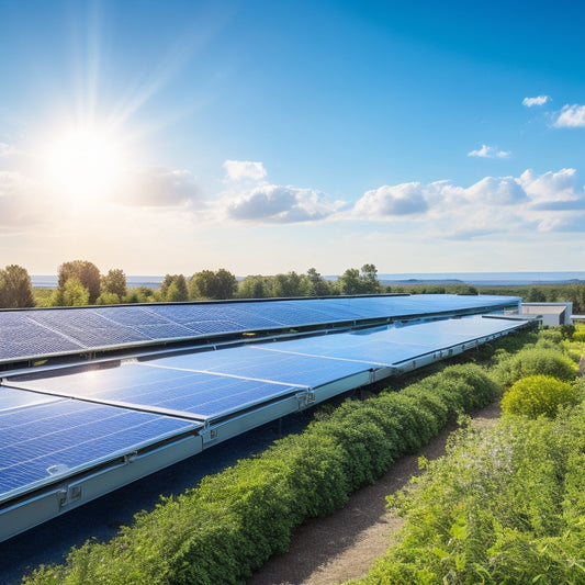 A bright, sunlit rooftop adorned with sleek solar panels, surrounded by lush greenery. The panels glisten under the sun, reflecting energy, with a clear blue sky in the background showcasing fluffy white clouds.