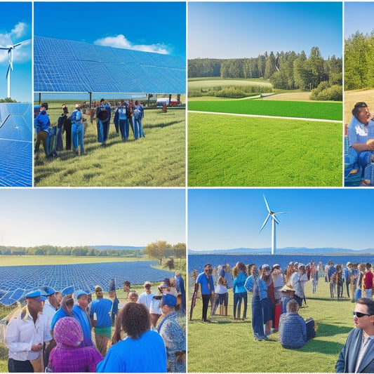 A vibrant community gathering, showcasing diverse individuals collaborating around a large solar panel, lush green trees, wind turbines in the background, and colorful charts illustrating renewable energy projects, all under a bright blue sky.