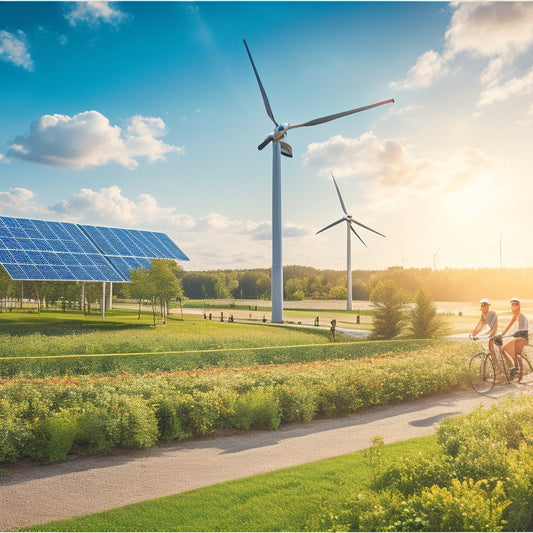 A vibrant landscape featuring solar panels and wind turbines amidst lush greenery, with people engaging in gardening and biking, showcasing harmony between technology and nature under a bright blue sky.