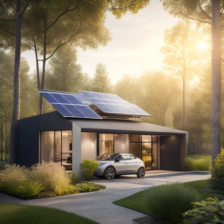A sleek modern home with solar panels glistening on the roof, surrounded by lush greenery. Sunlight filters through trees, illuminating a vibrant garden, and an electric vehicle charging in the driveway.