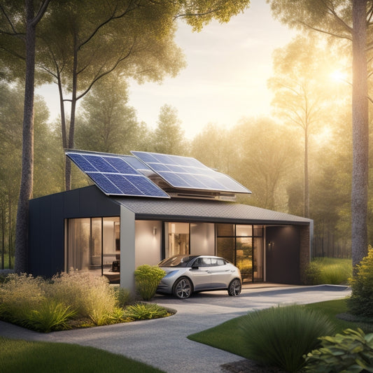A sleek modern home with solar panels glistening on the roof, surrounded by lush greenery. Sunlight filters through trees, illuminating a vibrant garden, and an electric vehicle charging in the driveway.