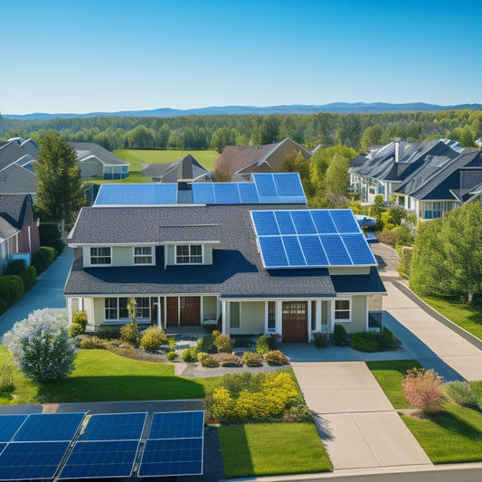 A serene suburban neighborhood with several houses, each with a rooftop partially covered in sleek, black solar panels, amidst a bright blue sky with a few puffy white clouds.