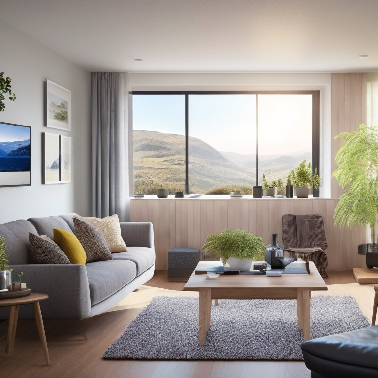 A modern living room with smart devices: a sleek thermostat on the wall, energy-efficient LED lights, a smart speaker on a stylish table, and a large window showcasing solar panels outside, all bathed in warm, inviting light.