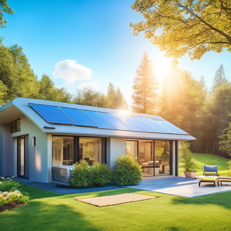 A modern home with sleek solar panels on the roof, a stylish battery storage unit in the garden, surrounded by lush greenery, sunlight shining down, and a clear blue sky in the background.